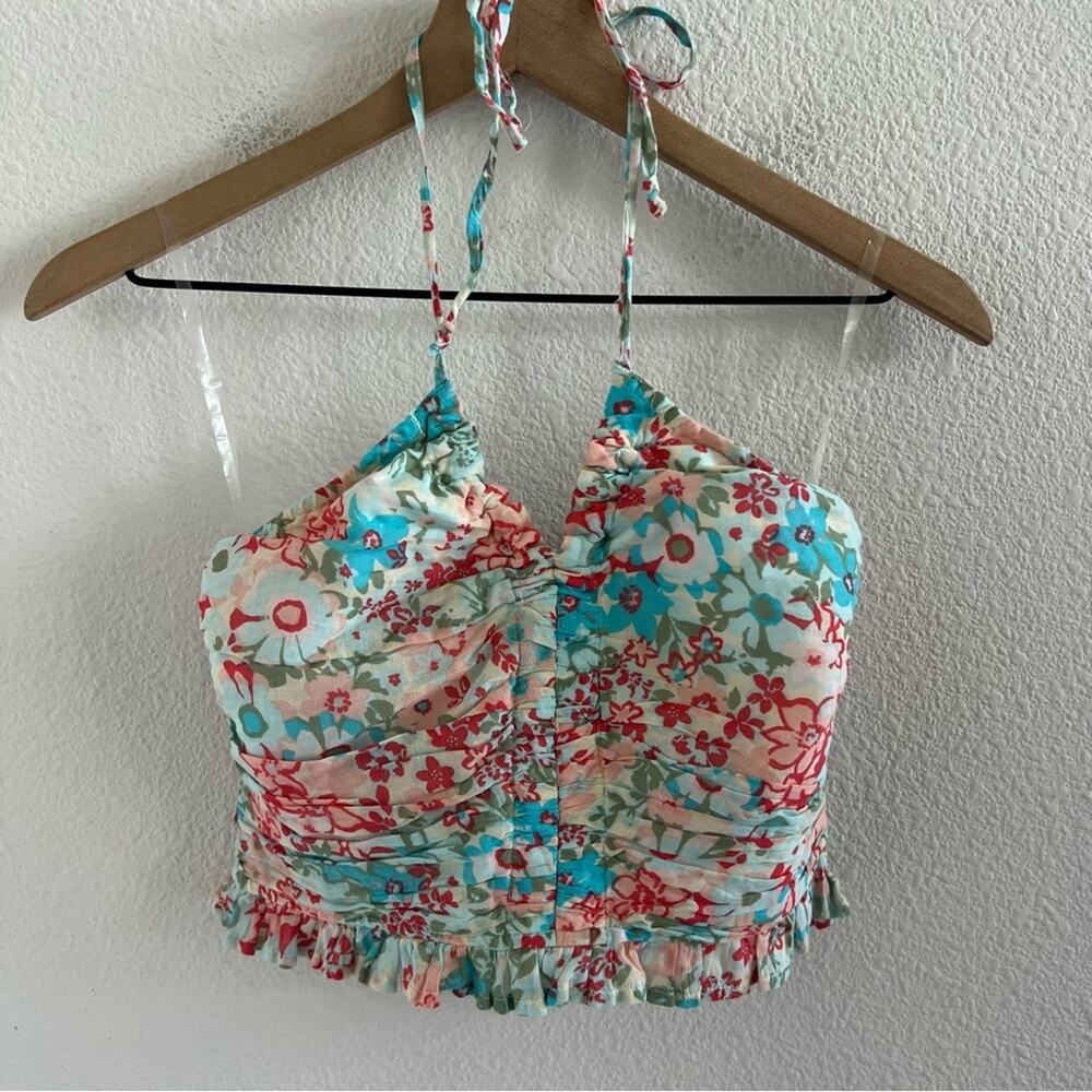American Eagle Abstract Floral Halter Ruffle Ruched Back Smocked Small